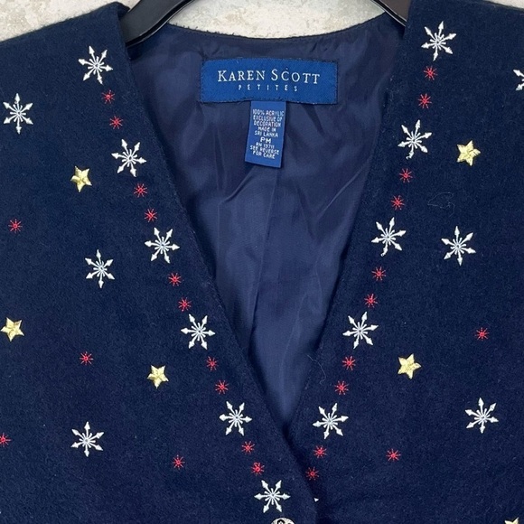 KAREN SCOTT Christmas Holiday Vest Embroidered Snowflakes and Trees Blue MP - Picture 2 of 12